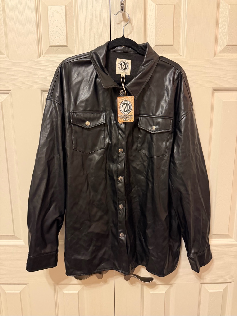 Women’s Black Faux Leather Button-Front Shirt Jacket
